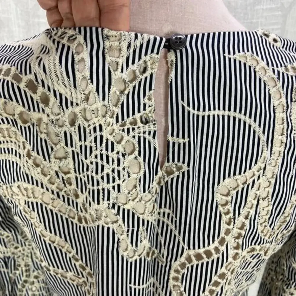 Anthropologie Matison Stone Eyelet Lace Top Size XS Blue Stripe Bell Sleeve‎